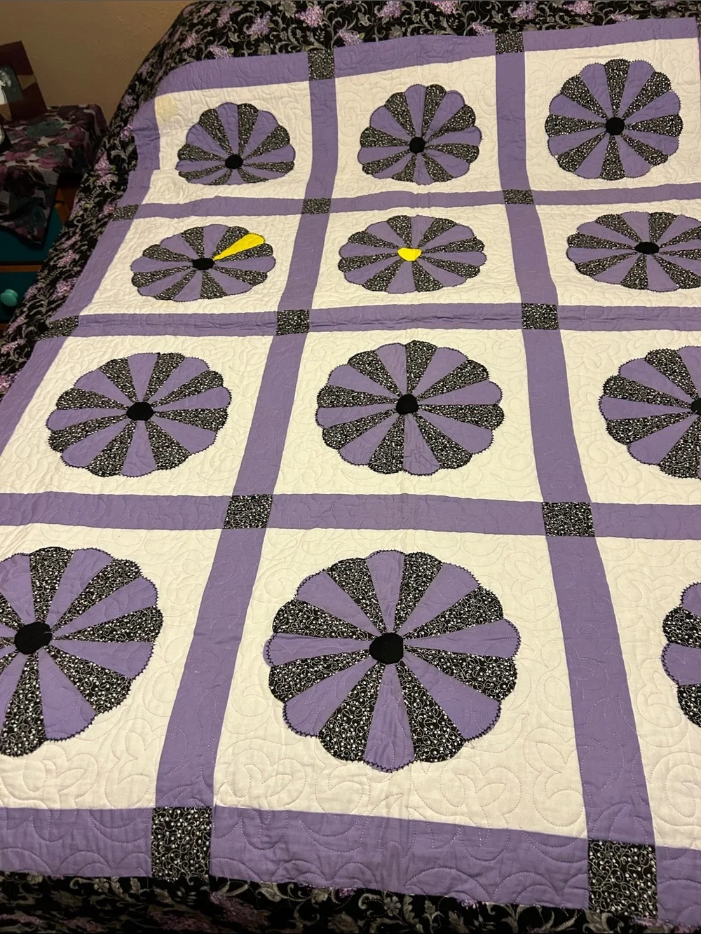 ONE OF A KIND- HANDCRAFTED Floral Quilt in Black, Lavender and Random Yellow